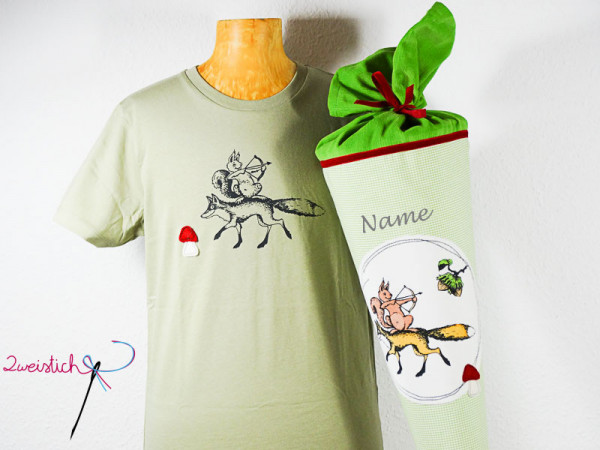 SET: Bio-Kinder-Shirt &amp; Stoffschultüte WALDABENTEUER grün