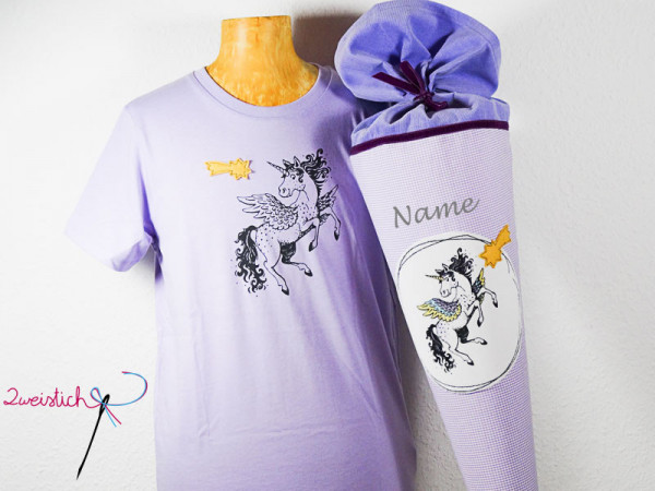 SET: Bio-Kinder-Shirt &amp; Stoffschultüte EINHORN