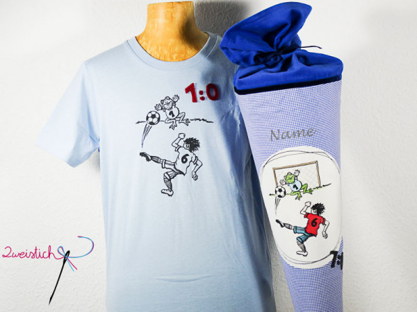 SET: Bio-Kinder-Shirt &amp; Stoffschultüte SCHUSS ... und TOR hellblau